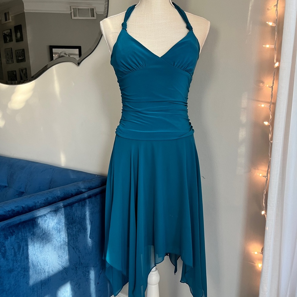 byer too! 2000s deep teal asymmetrical dress